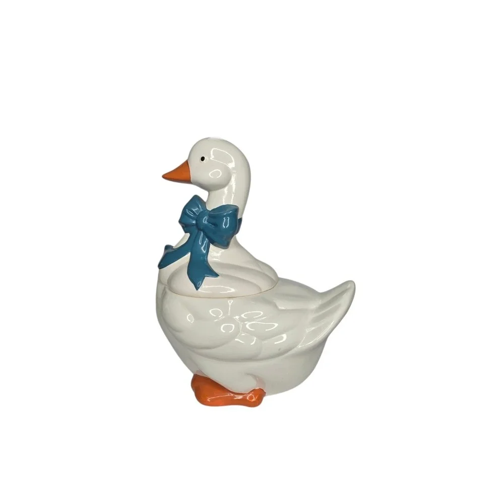 VTG Mother Goose Ceramic Cookie Jar Blue Ribbon Bow Orange Feet Cottagecore
